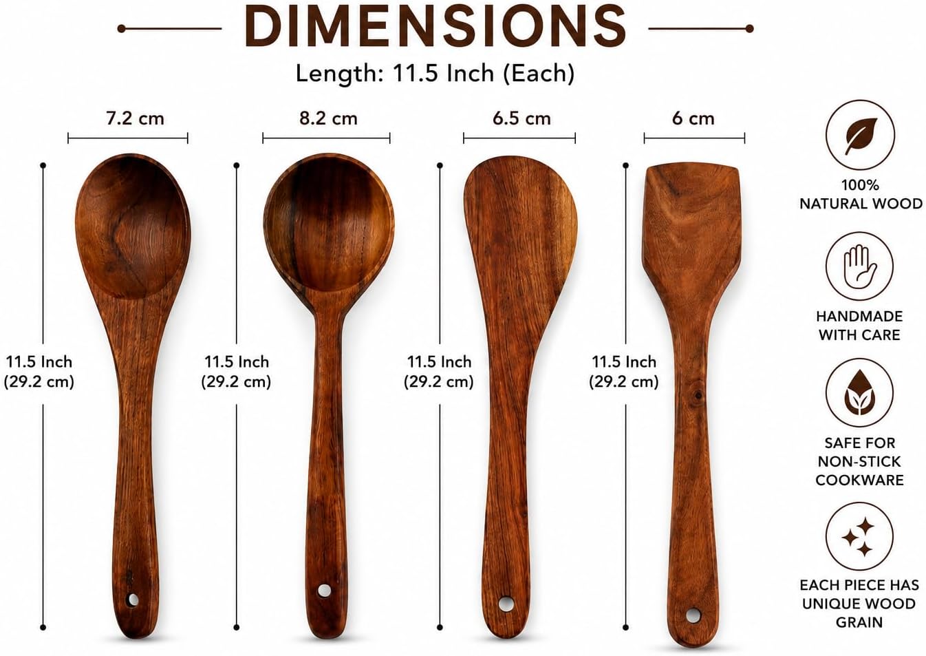Acacia Wood Cooking Utensil Set – Handmade Wooden Spoons for Cooking, Mixing & Serving (4 Piece Set) - Image 2