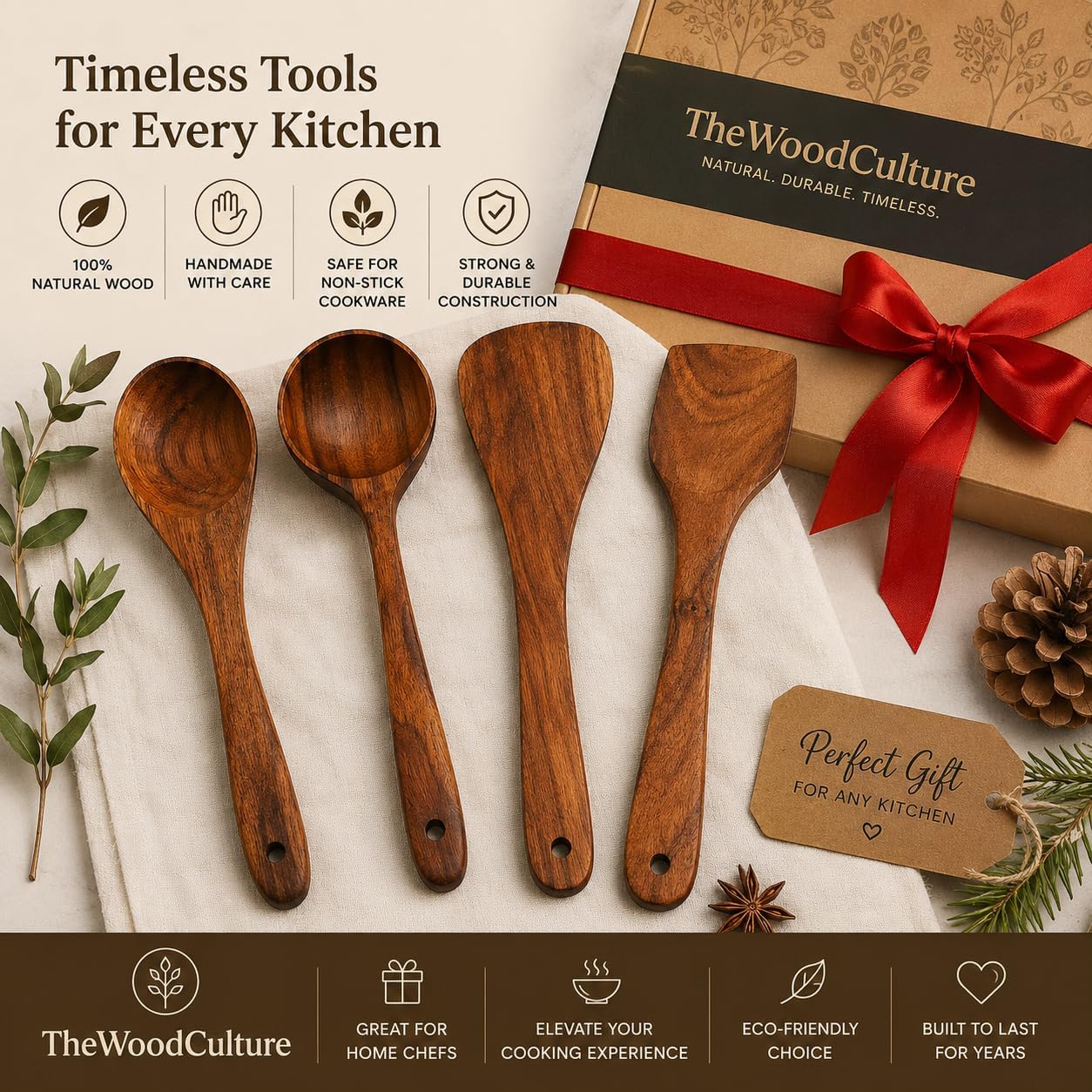 Acacia Wood Cooking Utensil Set – Handmade Wooden Spoons for Cooking, Mixing & Serving (4 Piece Set) - Image 6