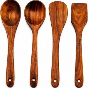 Acacia Wood Cooking Utensil Set – Handmade Wooden Spoons for Cooking, Mixing & Serving (4 Piece Set)