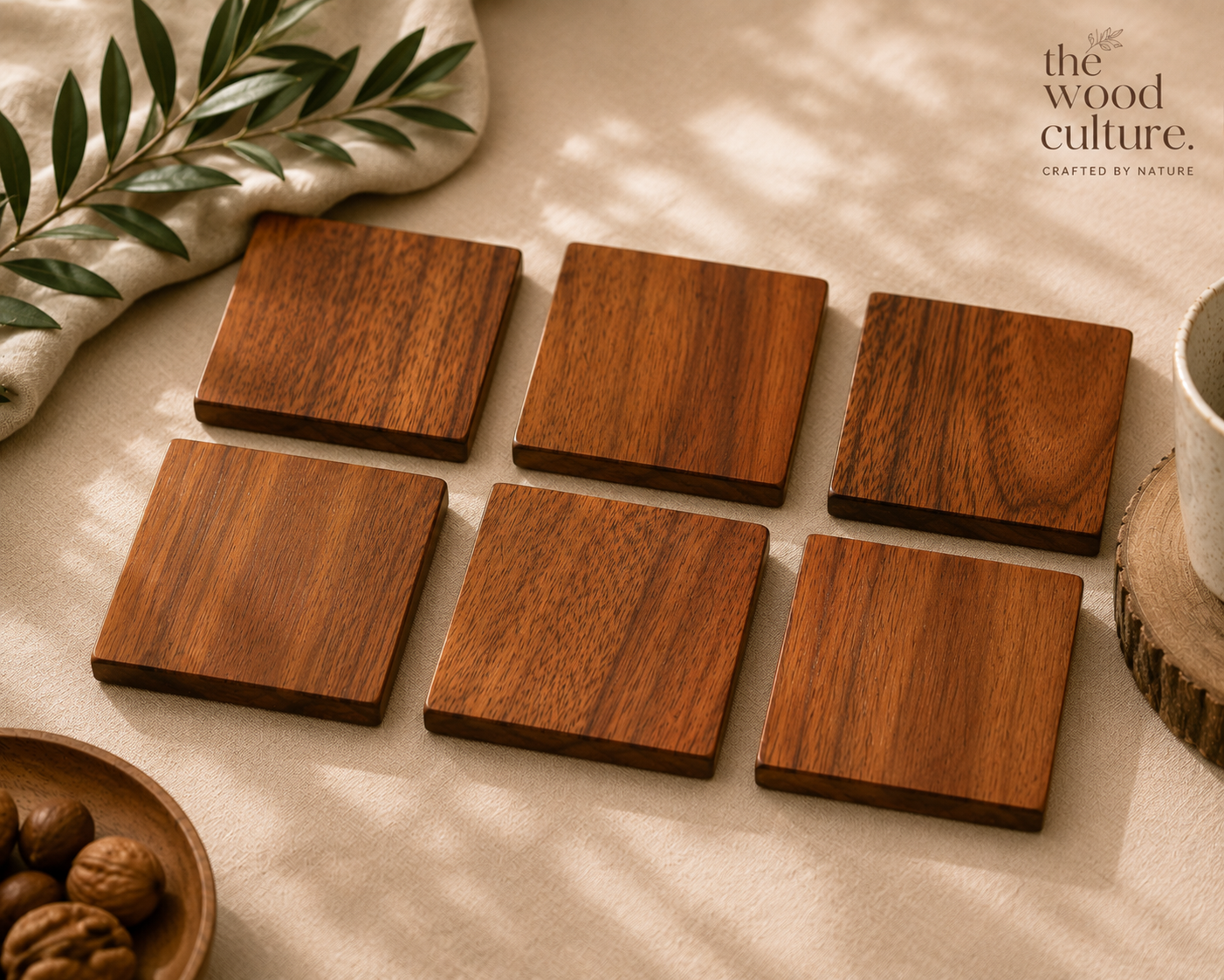 Solid Acacia Wood Square Coasters for Table/Bar | Natural Wood Finish - Image 3